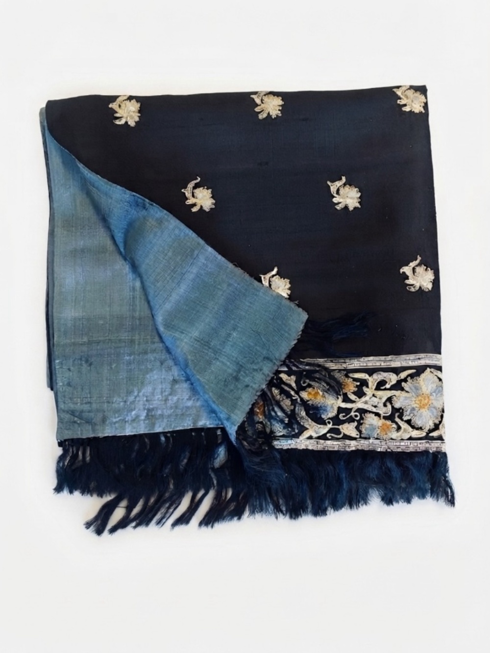 90s Vintage Hand-Embroidered Silk Shawl / Wrap / Scarf